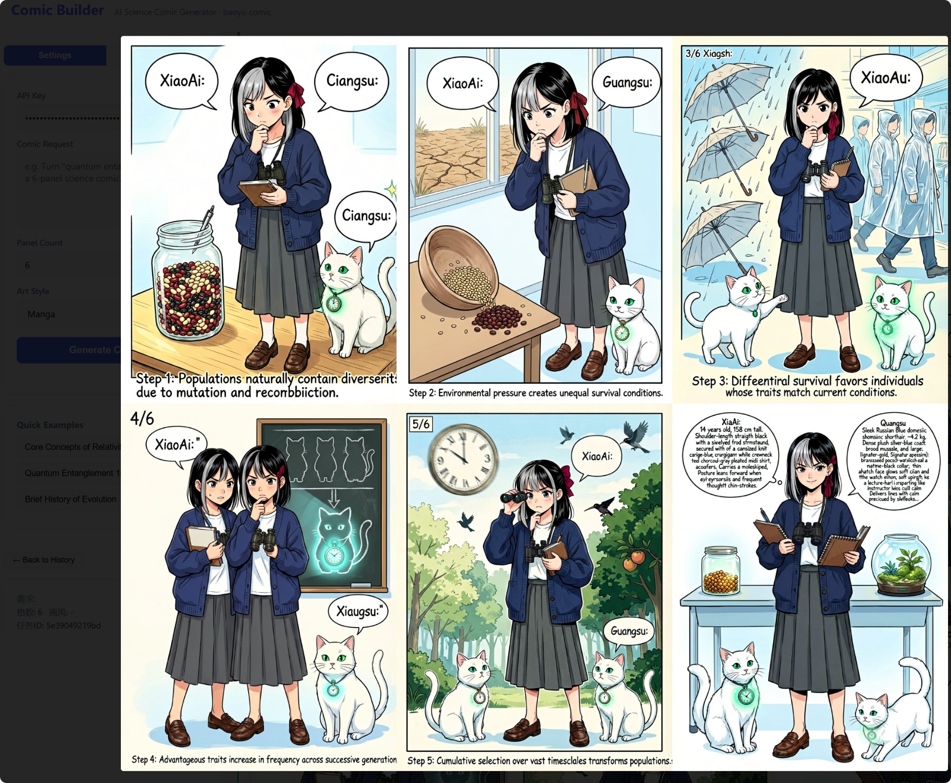 6-Panel Comic Output · Brief History of Evolution (XiaoAi & Guangsu)
